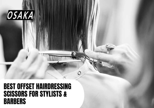 Hairdresser using offset hairdressing scissors for blunt cuts and slicing in a Paris salon