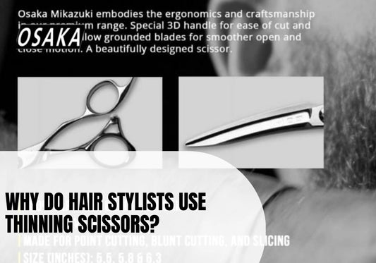 Osaka Mikazuki thinning scissors featured in The Cut Throat Journal Issue 19 showcasing ergonomic design for professional hairstylists