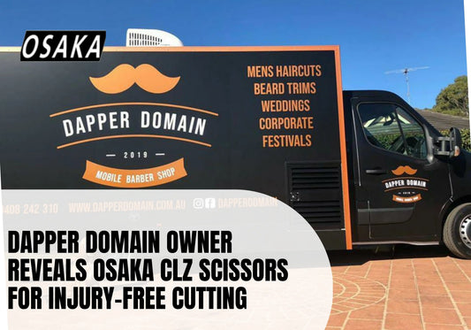 Professional mobile barber truck Dapper Domain with Osaka scissors branding for precision hair cutting services